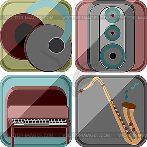 Иконки в стиле ретро с музыкальными инструментами и - цветной векторный клипарт