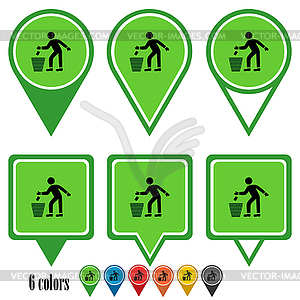 Waste basket flat navigation pins - vector image