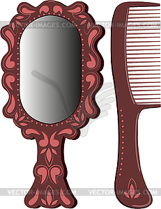 Set of an oval mirror in brown frame and hairbrushe - vector clipart