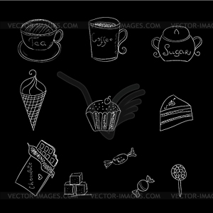 Sweet food and some drinks in doodle style - vector image