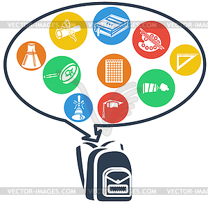 School bag with icons style flat - vector clip art