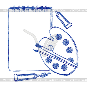 School album and palette contour style ballpoint pen - vector image