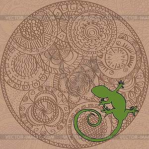 Карточка с ручной росписью круглый орнамент и ящерицы, - стоковый клипарт