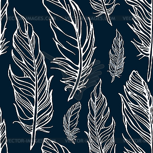 Seamless pattern with outline decorative feathers - vector image