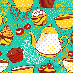 Tea and muffins sweet seamless pattern - vector image