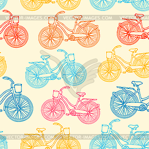 Seamless pattern with outline vintage bicycles - vector clipart