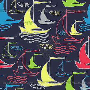 Seamless pattern with sailing ships on waves - vector clip art