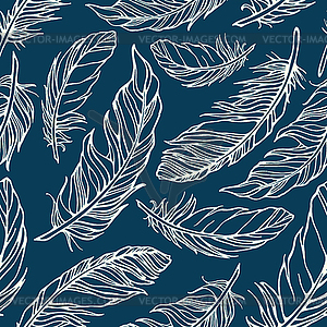 Seamless pattern with outline decorative feathers - vector image