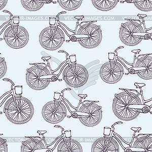 Seamless pattern with outline vintage bicycles - vector clipart