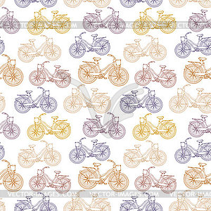 Seamless pattern with outline vintage bicycles - color vector clipart
