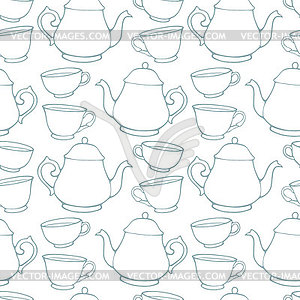 Seamless pattern with decorative cups and teapots - color vector clipart