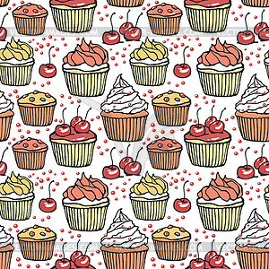 Seamless pattern with muffins and cherries - vector image