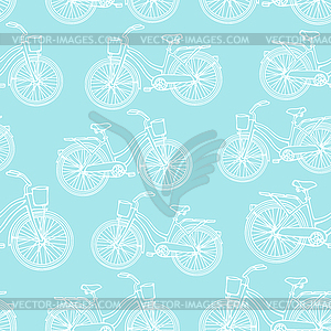 Seamless pattern with outline vintage bicycles - vector clipart