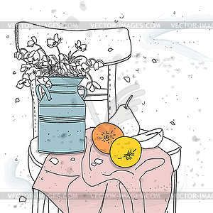 Still life with flowers on chair - vector clipart