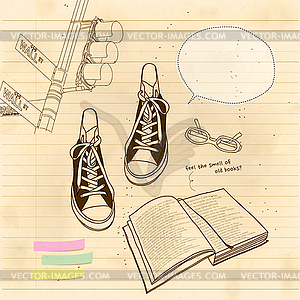 Натюрморт книги и обуви - иллюстрация в векторе