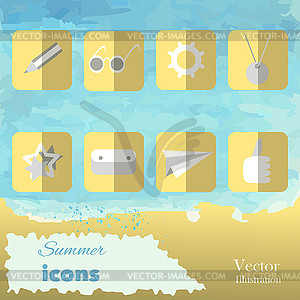 Summer set icons on watercolor background - vector image