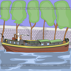 Vector barge on the River Seine - vector clipart