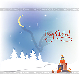 Christmas background with color gift and winter tree - vector clip art