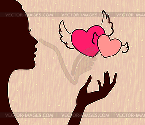 Beautiful girl silhouette with hearts - royalty-free vector clipart