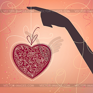 Background with hand and heart. Valentine`s day card - vector clip art
