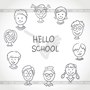 Hello School. Kids Face Set Sketch - vector image