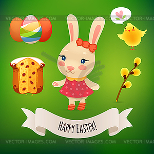 Bunny Girl and Easter Symbols - vector image