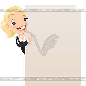 Businesswoman looking at blank poster - royalty-free vector clipart