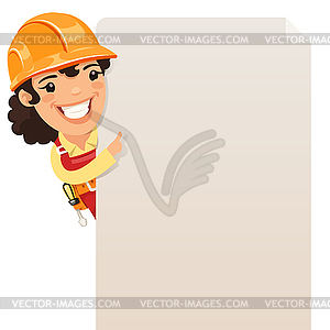 Female Builder Looking at Blank Poster - vector image