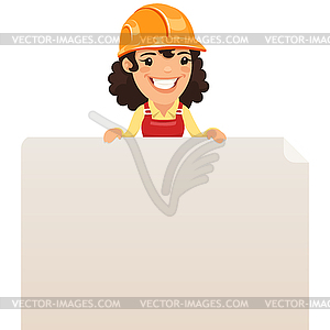 Female Builder Looking at Blank Poster on Top - vector image