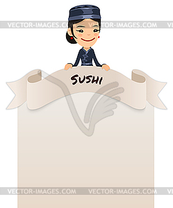 Asian Female Chef Looking at Blank Menu on Top - vector image