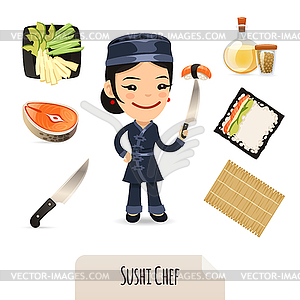 Female Sushi Chef Icons Set - vector clipart