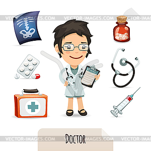 Medical set with female doctor - vector clipart