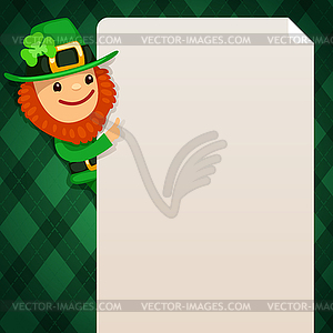 Leprechaun looking at blank poster on green - vector clipart