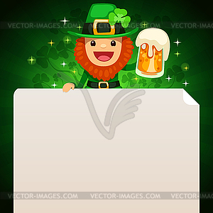 Leprechaun looking at blank poster on top on green - stock vector clipart