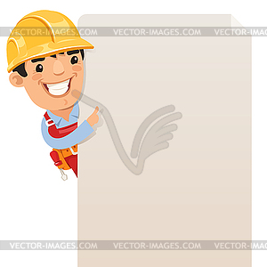 Builder looking at blank poster - vector clipart