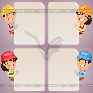 Builders Cartoon Characters Looking at Blank - vector clip art