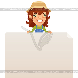 Female Farmer looking at Blank Poster on Top - vector clipart