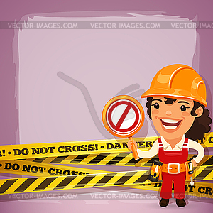 Female Builder With Danger Tapes - vector image