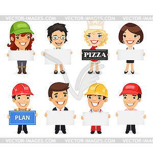 Diverse Professionals Presenting Empty Banners - royalty-free vector clipart