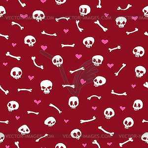 Cartoon Skulls with Hearts on Red Background - royalty-free vector clipart