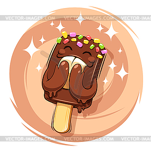 Happy Cartoon Chocolate Ice Cream on Round Frame - vector clip art