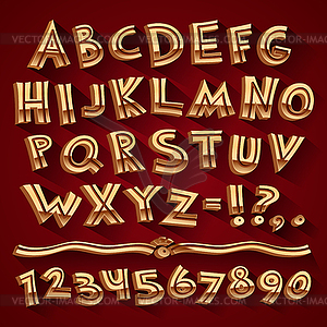 Golden Retro 3D Font with Strips on Red Background - vector image