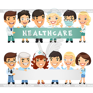 Doctors Presenting Empty Horizontal Banner - vector clip art