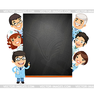 Doctors Presenting Empty Blackboard - vector clipart