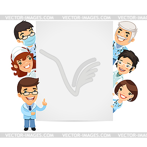 Doctors Presenting Empty Vertical Banner - vector clip art