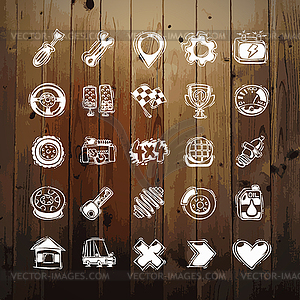 Icons Set of Car Symbols on Wood Texture - vector clipart