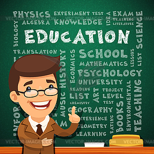 Teacher With Education Poster on Blackboard - color vector clipart