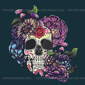 Sugar skull with flowers - color vector clipart