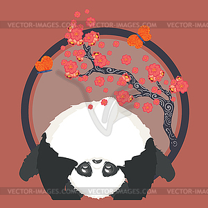 Panda with Sakura branch - vector clip art