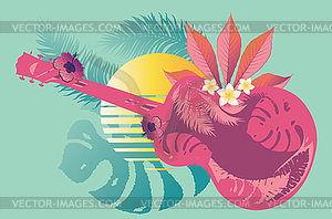 Retro guitar with tropical leaves - vector clip art